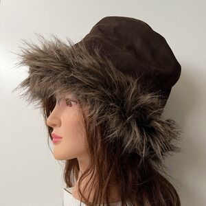 Vintage Wilsons Leather Brown Suede Leather Hat Faux Fur Trim Bucket Style